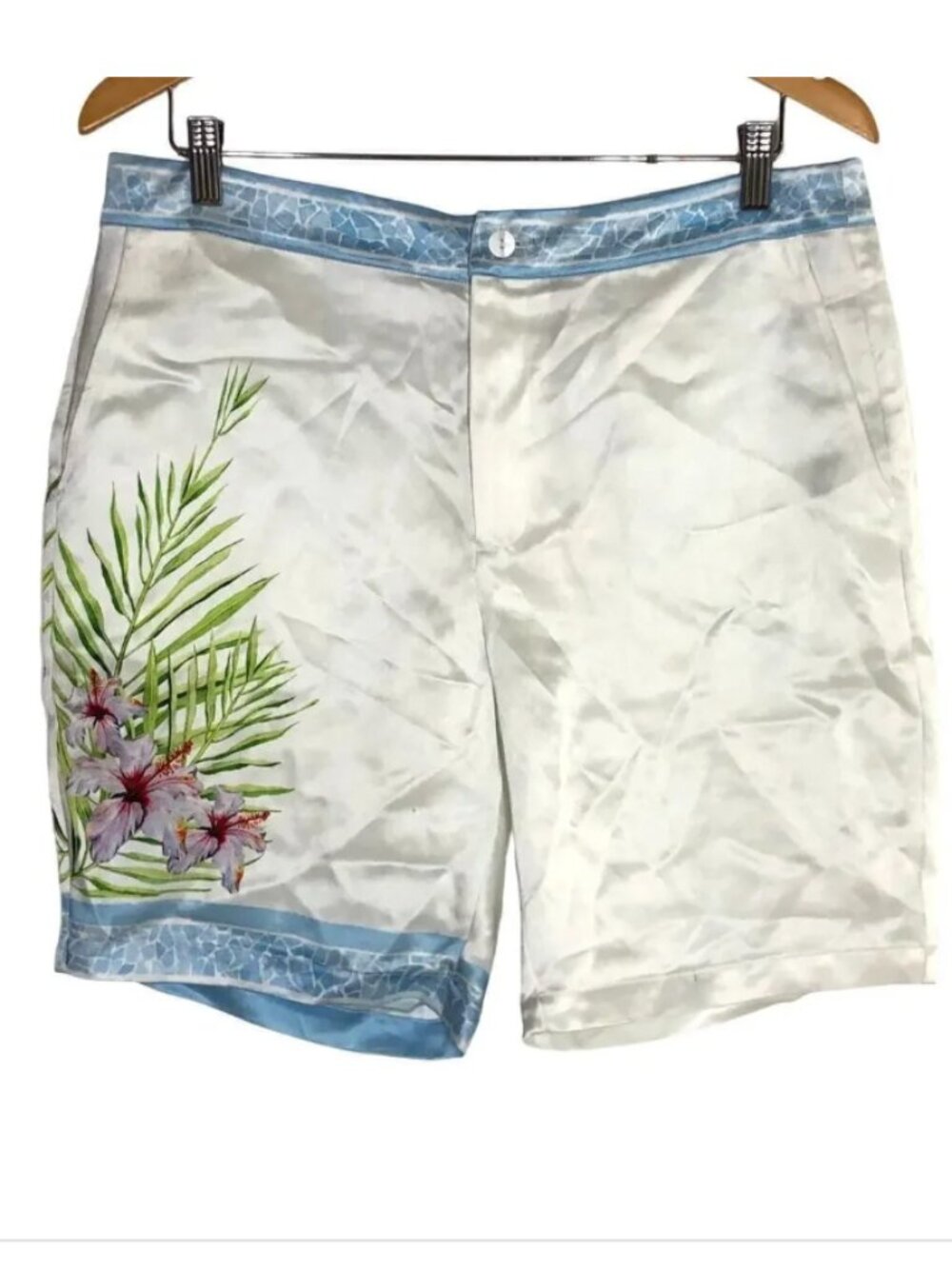 SER.O.YA Satin Shorts Silk Floral Palm Print Flat Front White Blue Green NWT L